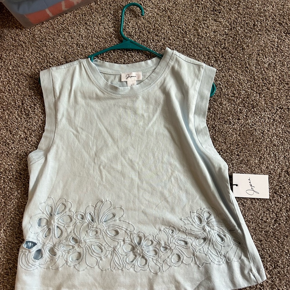 Japna Sky Blue Floral Embroidered Tank Top